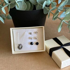 Avon Antiqued Silver Tone Rhinestone Charm Necklace & 3 Stud Set | Gift Box